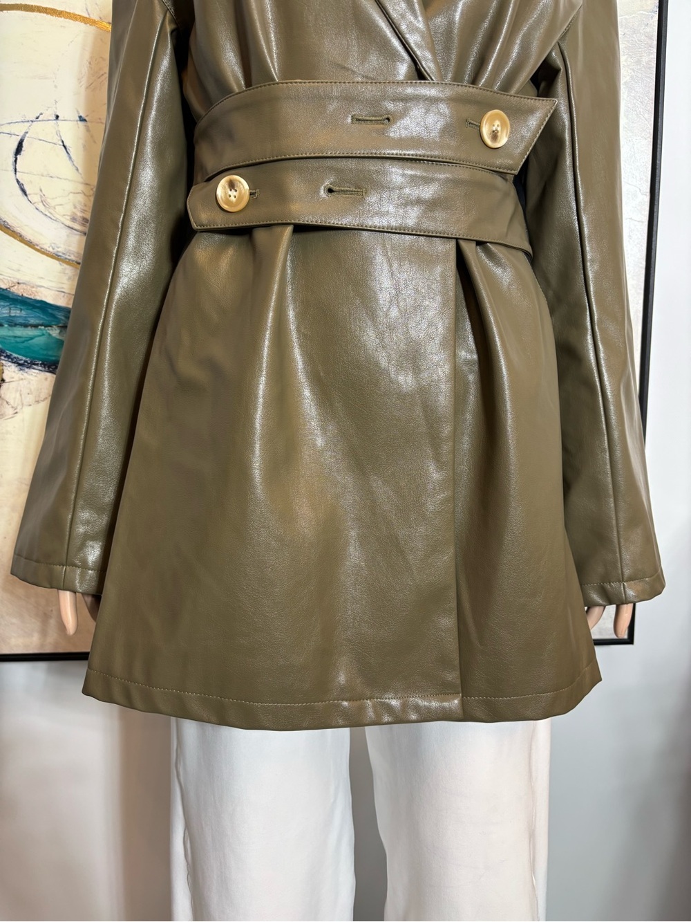 Olive Green Faux Leather Belted Trench Blazer - Picture 3 of 16
